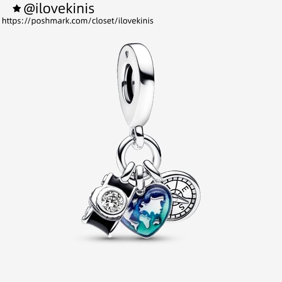 Pandora Camera, Heart & Compass Triple Dangle Charm - Picture 1 of 5